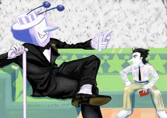 Tenna and Spamton are seated at the green room couch. Tenna wears his Dr. Tennaville outfit, cane in his right hand, and another pair of gloves in the other. Spamton is seated across from him, a red book in his hand, wearing a white shirt with red stripes