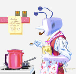 Tenna is posed like Leyendecker's coffee add, wearing a floral apron with pink flowers and purple flourish, a coffee tin on his left arm and spoonful of grounds in his right hand and smoking pipe in his mouth, seemingly looking toward a note written by Met