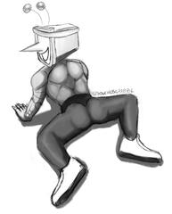 Tenna does a W-Sit/frog pose, the viewer seeing him from above, and his musculature well-defined.