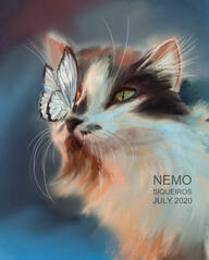 A fluffy brown and white cat with a butterfly on its nose against a blue/brown/red abstract background.